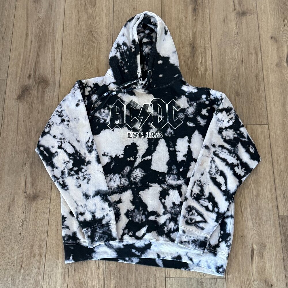 AC/DC Hoodie Mens M Gray White Tie-Dye Est.1973 Kangaroo Pocket Pullover